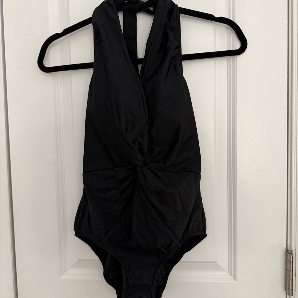 VENUS Black One-Piece Swimsuit – Halter Neck, Ruched Front, Size 4
